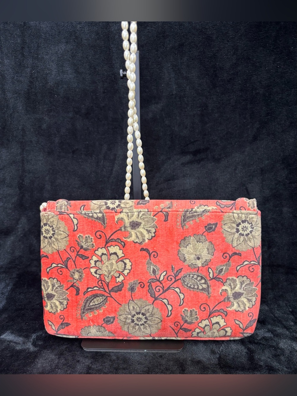 Anthropologie Coral Floral Velvet Envelope Clutch Pearl Strap Bag - Picture 2 of 16